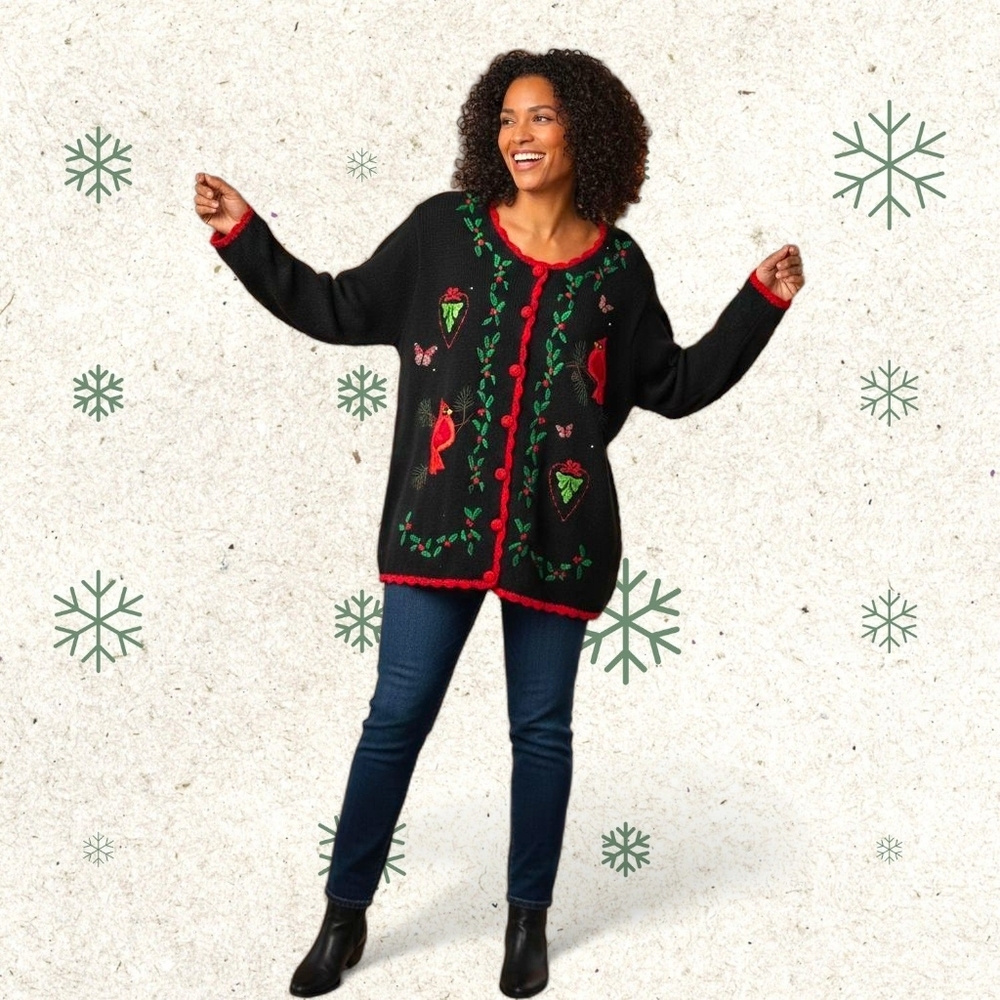 VTG Christmas Sweater Cardigan 3X Basic Editions Holiday Cardinal  Black